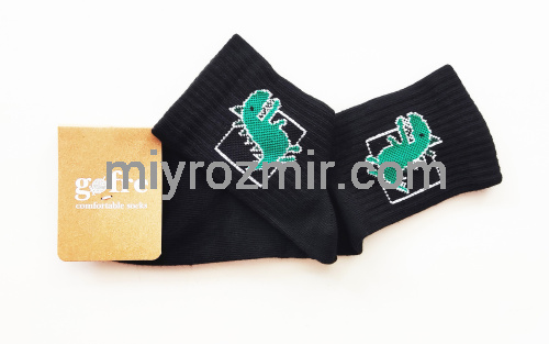 Gofre 307 Чорні спортивні високі шкарпетки з широкою резинкою та зеленим динозавром