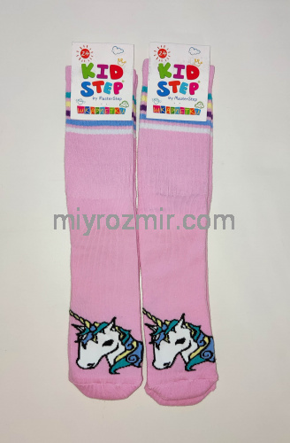 Рожеві махрові високі шкарпетки гольфи з широкою резинкою та Єдинорогом на дівчинку KidStep 843 фото 2